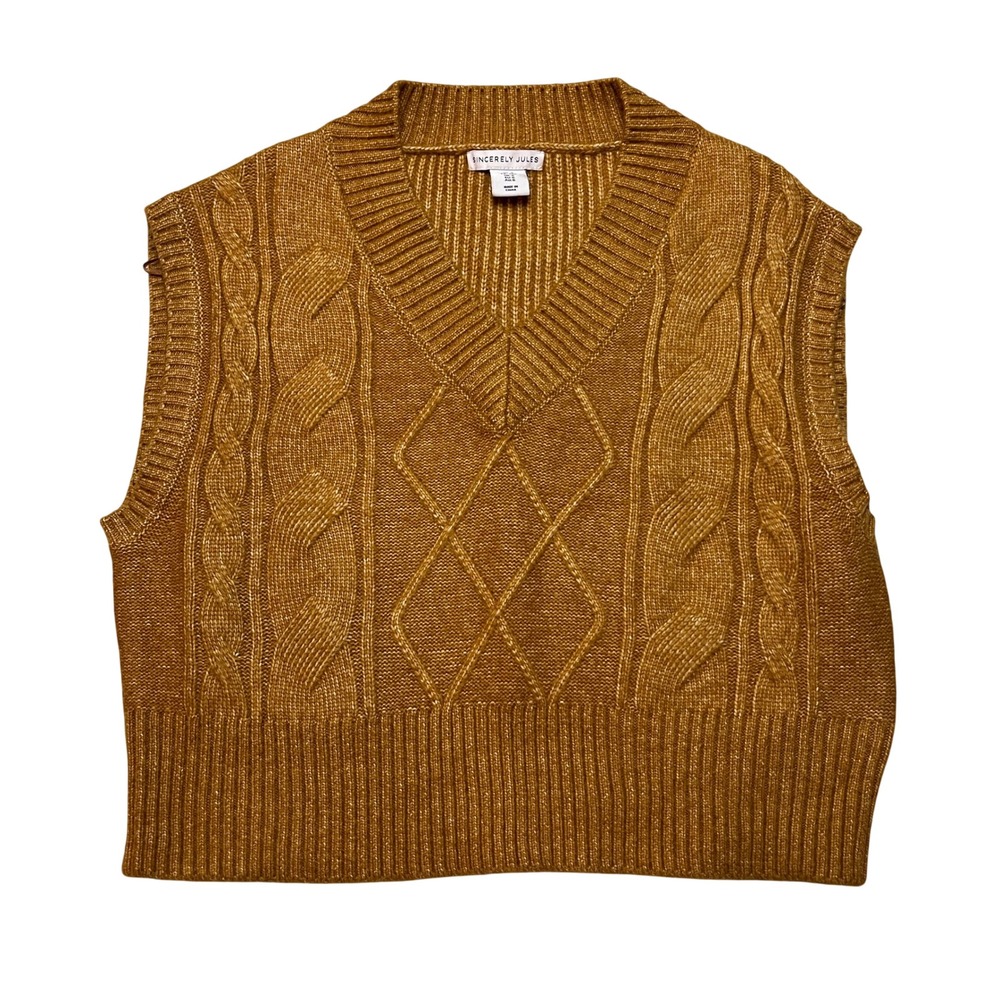 Sincerely Jules Sweater‎ Vest Womens S Brown Cable Knit V-Neck Cropped Pullover